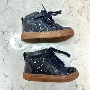 Vertbaudet Girls Toddler Size 6 EU 22 Boots Navy Blue Gold Glitter Zip Up